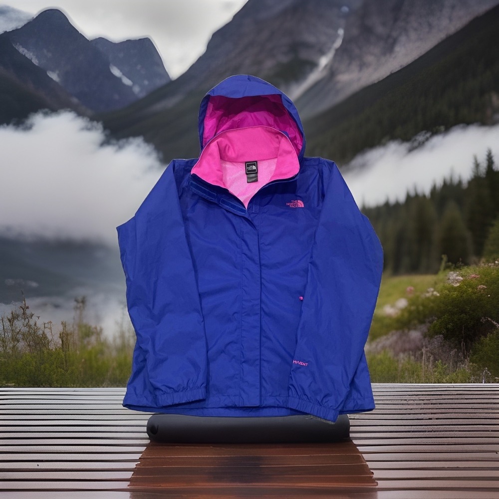 The North Face HyVent Hooded Jacket Zip Up Lined Pockets Blue Pink Women's Sz L